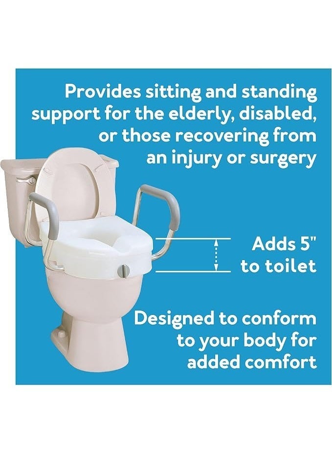 Raised toilet seat with locking system and 5-inch height handles with adjustable padded armrests. Fits round and rectangular toilets. - Image 5
