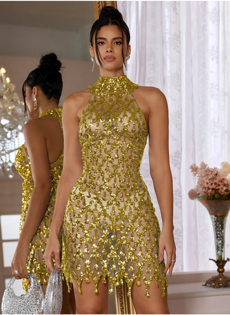 Madam Uniq Diamond Sequin Mesh Elastic Mini Skirt Evening Dress