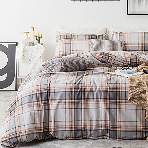 SUSYBAO Brown Tartan Duvet Covr King 100 Cotton 3 Pcs Set 1 Khaki Buffalo Plaid Duvet Cover with Zipper Ties 2 Pillowcases Farmhouse Tan Gingham Striped Bedding Set Soft - Image 3