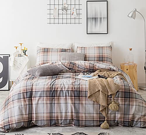 SUSYBAO Brown Tartan Duvet Covr King 100 Cotton 3 Pcs Set 1 Khaki Buffalo Plaid Duvet Cover with Zipper Ties 2 Pillowcases Farmhouse Tan Gingham Striped Bedding Set Soft - Image 1