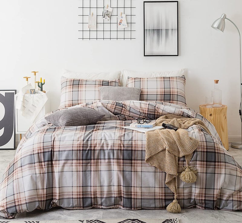 SUSYBAO Brown Tartan Duvet Covr King 100 Cotton 3 Pcs Set 1 Khaki Buffalo Plaid Duvet Cover with Zipper Ties 2 Pillowcases Farmhouse Tan Gingham Striped Bedding Set Soft - Image 2