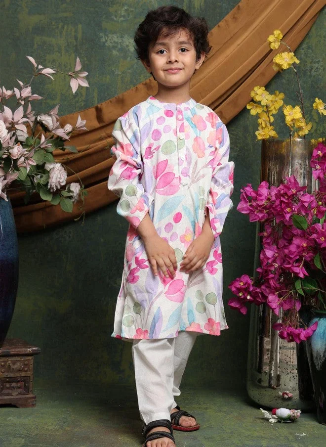Saka Designs Boys Floral Printed Jute Cotton Kurta With Pyjama