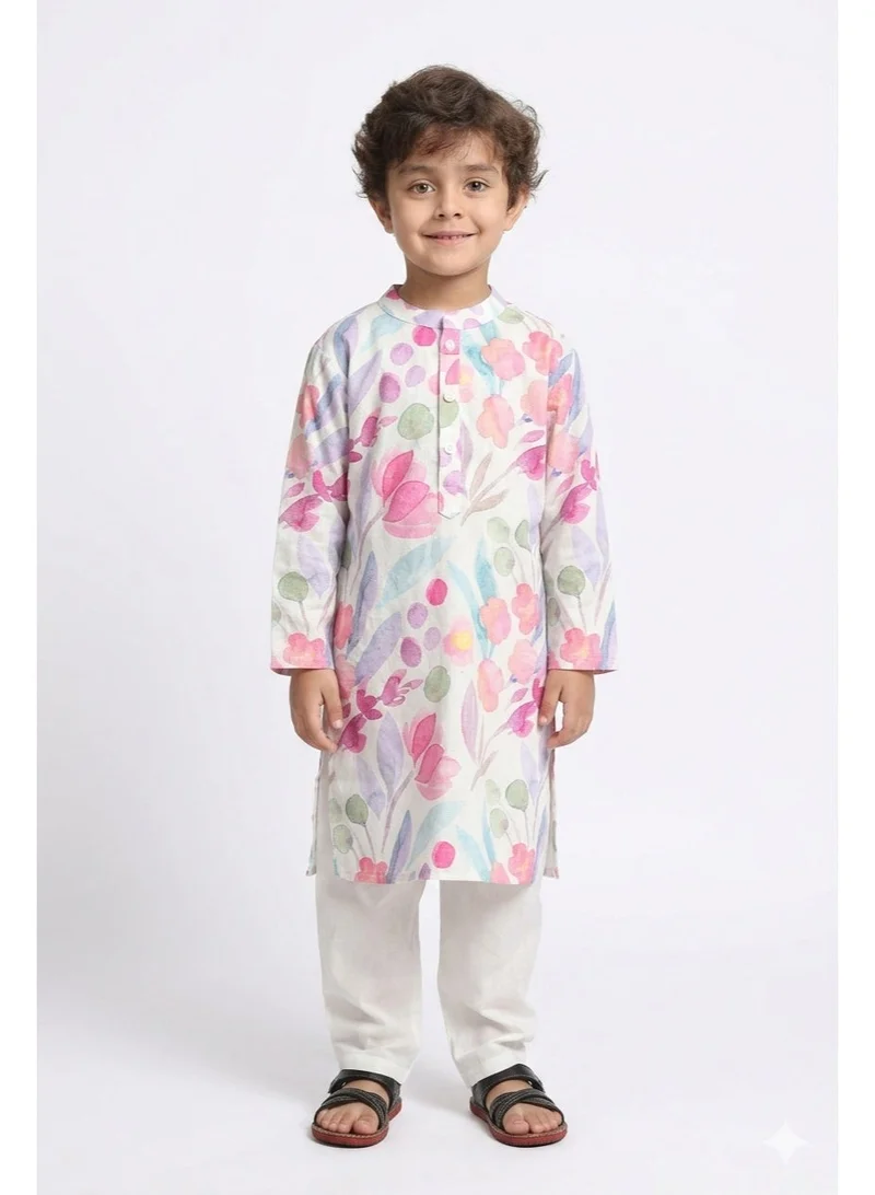 Saka Designs Boys Floral Printed Jute Cotton Kurta With Pyjama