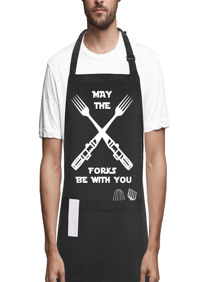 POTALKFREE Funny Cooking Aprons for Men Women with Pocket, May The Forks Be With You Kitchen Chef Apron, BBQ Grilling Gifts for Birthday Christmas Thanksgiving Husband Dad Mom Wife - Image 1