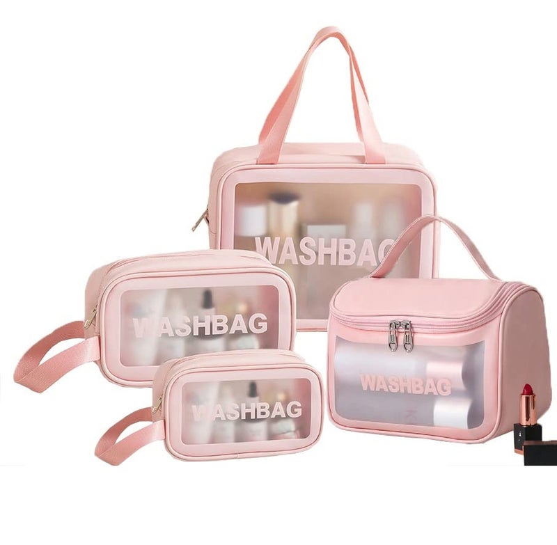Valamji Multipurpose Clear PVC Zipper Cosmetic Travel Wash Bag Toiletry Makeup Brushes Accessories Organizer Portable Carry Bag Pouch for Women Girls Pack of 4 Pink - Image 1