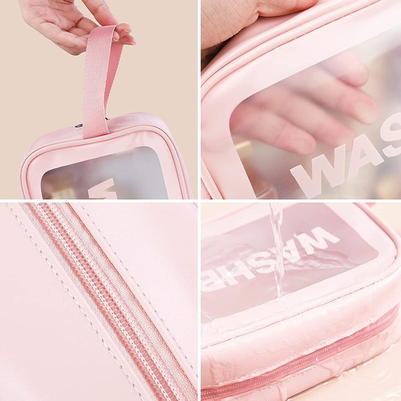 Valamji Multipurpose Clear PVC Zipper Cosmetic Travel Wash Bag Toiletry Makeup Brushes Accessories Organizer Portable Carry Bag Pouch for Women Girls Pack of 4 Pink - Image 4