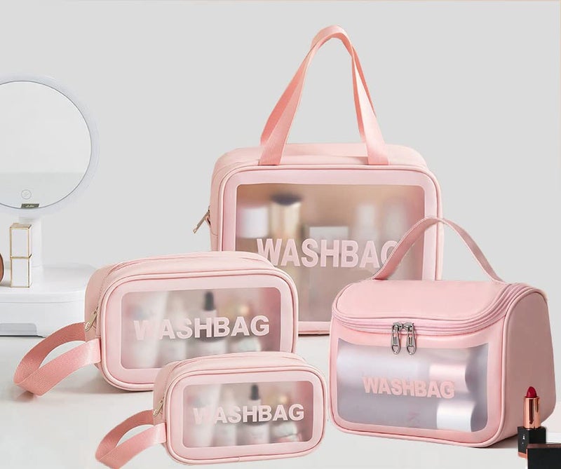 Valamji Multipurpose Clear PVC Zipper Cosmetic Travel Wash Bag Toiletry Makeup Brushes Accessories Organizer Portable Carry Bag Pouch for Women Girls Pack of 4 Pink - Image 3