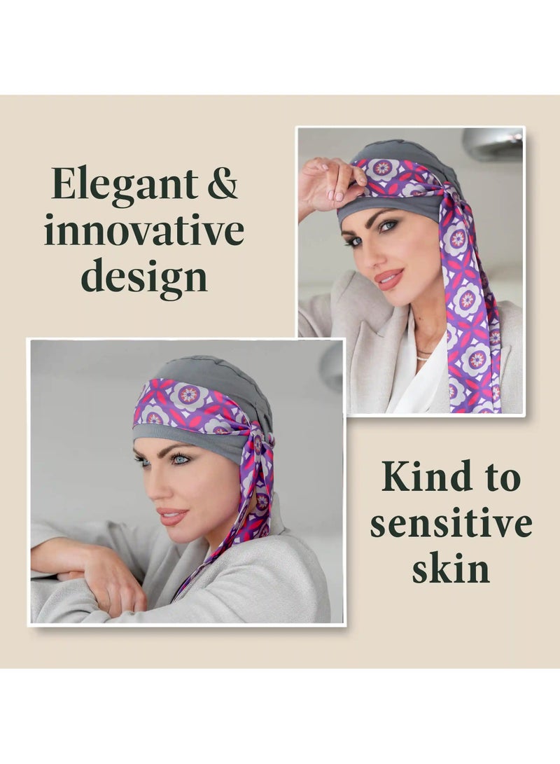 Rung Yanna Grey Purple Rose - Women Silky Headwear Bamboo Fabric - Image 1