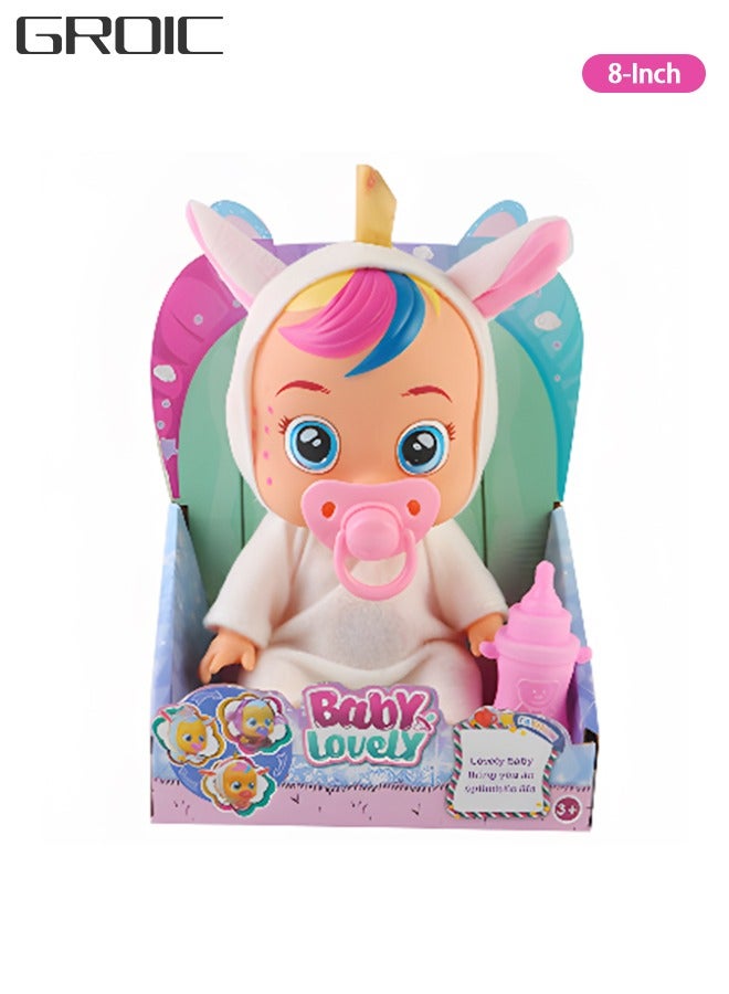 GROIC 8 Inch Cute Cry Baby Doll Dreamy Interactive Realistic 3D Simulation Baby Doll, Normal, Drink and Cry Little Dolls with 4 Emotions Baby Sounds - Image 1