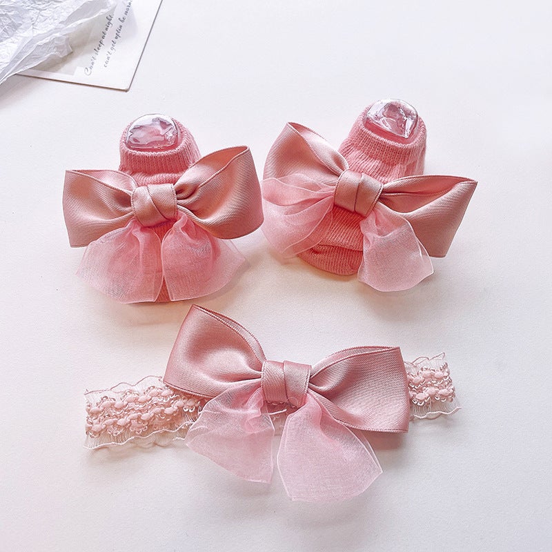 Generic Cute Newborn Socks and Headband Set Cartoon Korean Style Baby Accessories Korean Pink Mesh Bow Combination 
