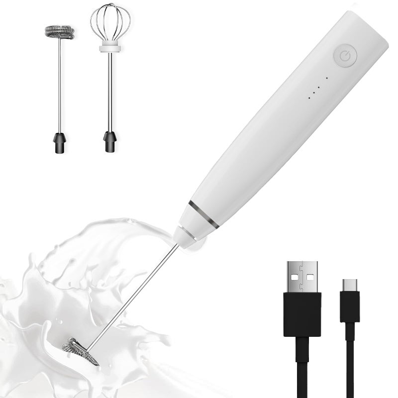 Milk Frother Rechargeable Handheld Electric Whisk Coffee Frother Mixer with 2 Stainless whisks 3 Speed Adjustable Foam Maker Blender for Coffee Matcha Latte Cappuccino Hot ChocolateWhite