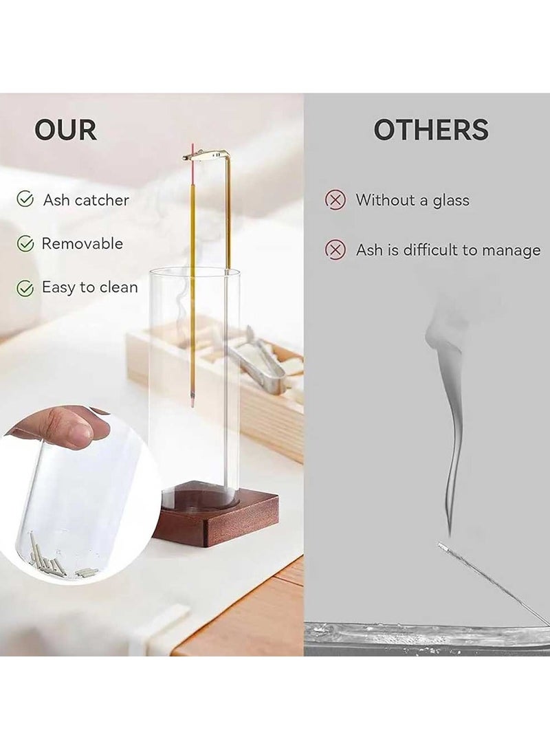 Modern Incense Holder with Round Glass Ash Catcher – Wooden Upside Down Incense Stick Holder for Home Fragrance