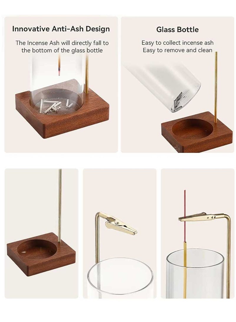 Modern Incense Holder with Round Glass Ash Catcher – Wooden Upside Down Incense Stick Holder for Home Fragrance