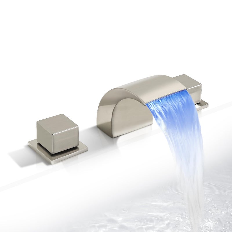 SKOWLL LED 8 Inch Widespread Waterfall Design Deck Mount Bathroom Faucet 3 Hole Vanity with 2 Handle Brushed Nickel