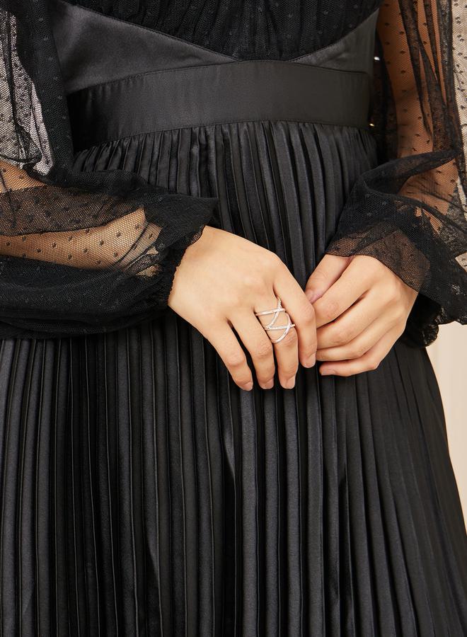 Styli Dobby Mesh Sleeves Satin Pleated A-Line Maxi Dress - Image 3