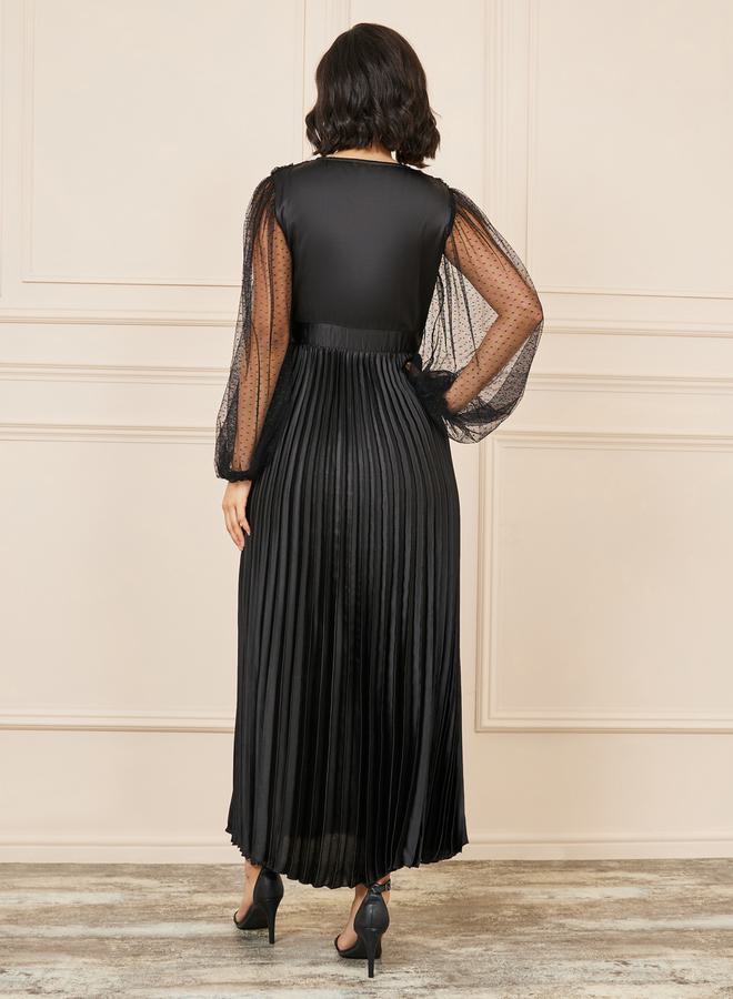 Styli Dobby Mesh Sleeves Satin Pleated A-Line Maxi Dress - Image 4