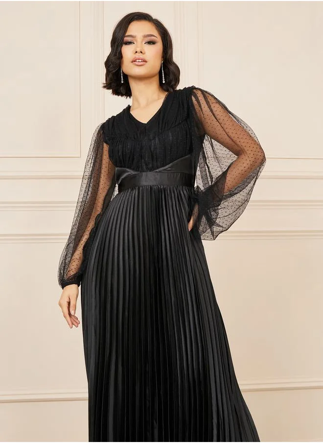 Styli Dobby Mesh Sleeves Satin Pleated A-Line Maxi Dress