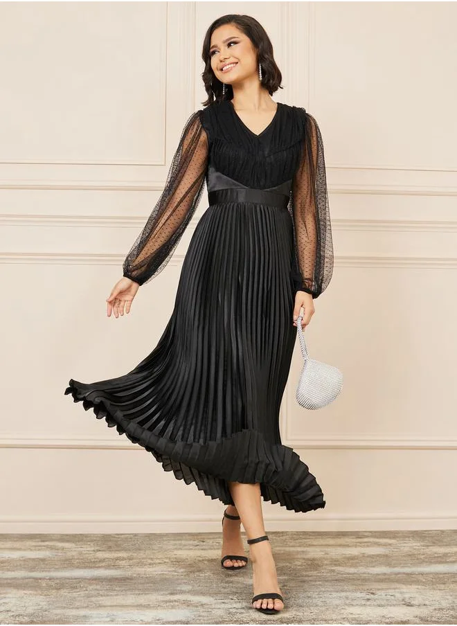 Styli Dobby Mesh Sleeves Satin Pleated A-Line Maxi Dress