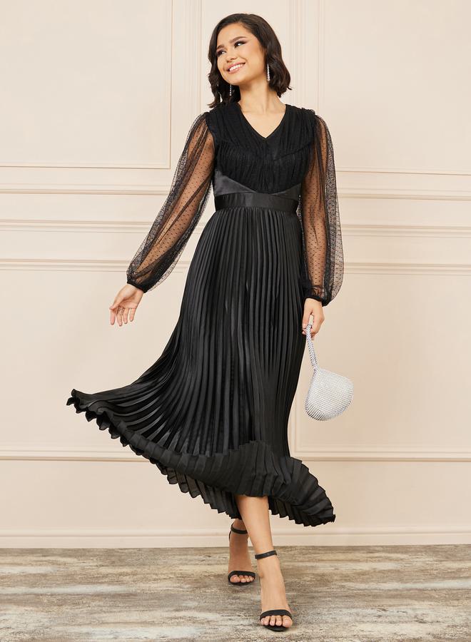 Styli Dobby Mesh Sleeves Satin Pleated A-Line Maxi Dress - Image 1
