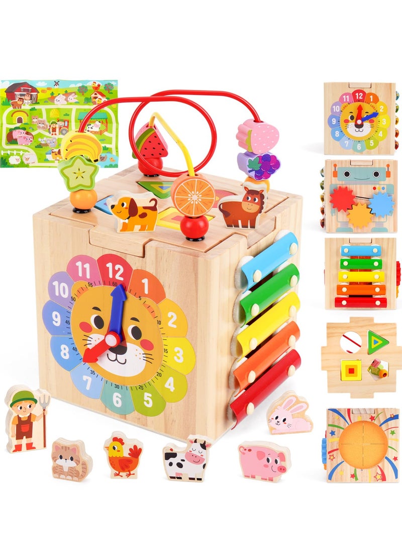 XICEN Toddler Wooden Activity Cube Toys, 7 in 1 Kids Montessori Activity Center, Includes Shape Sorter, Bead Maze, Xylophone,  Clock, Early Educational Toy for Boys Girls 1 2 3 Years Old - Image 1