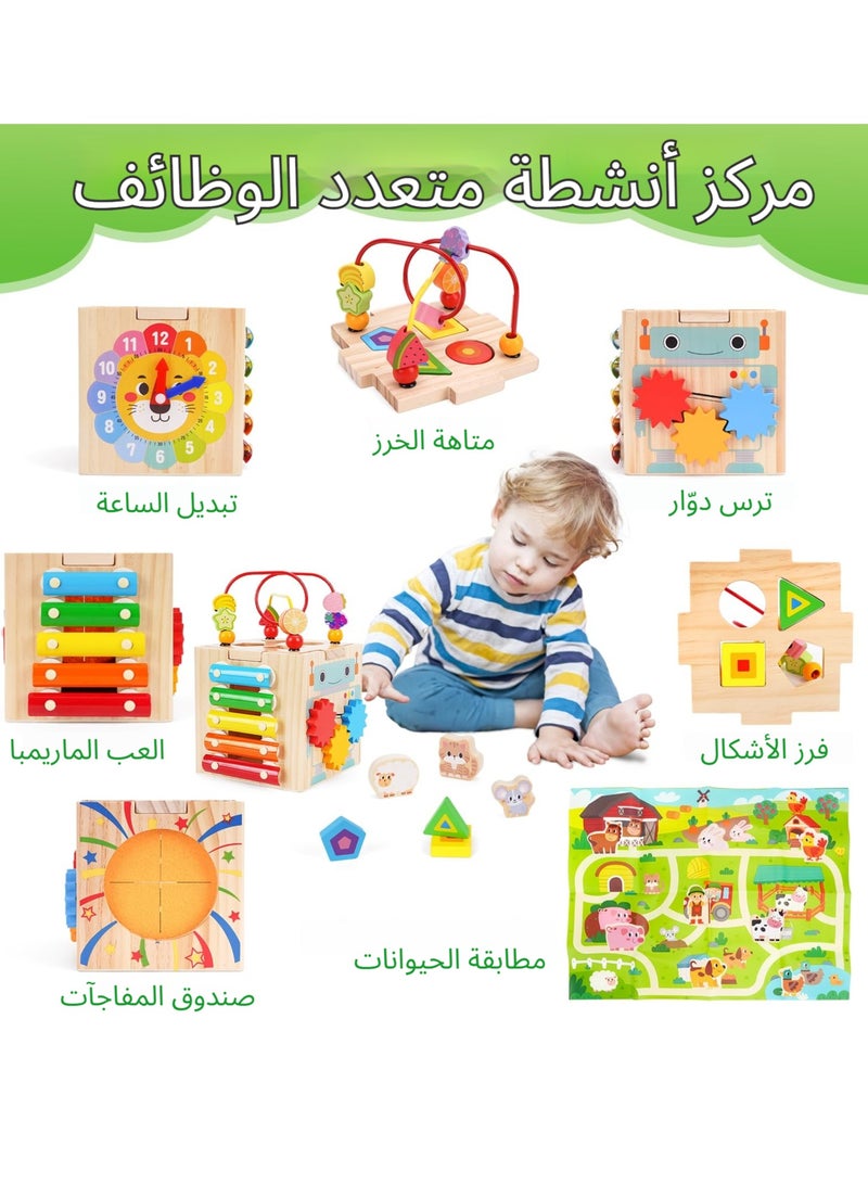 XICEN Toddler Wooden Activity Cube Toys, 7 in 1 Kids Montessori Activity Center, Includes Shape Sorter, Bead Maze, Xylophone,  Clock, Early Educational Toy for Boys Girls 1 2 3 Years Old - Image 3
