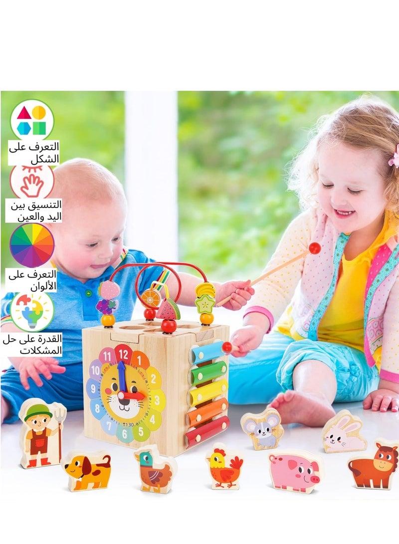 XICEN Toddler Wooden Activity Cube Toys, 7 in 1 Kids Montessori Activity Center, Includes Shape Sorter, Bead Maze, Xylophone,  Clock, Early Educational Toy for Boys Girls 1 2 3 Years Old - Image 5