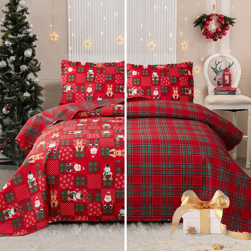CHESITY Christmas Bedding Set Queen Size Quilts Reversible Xmas Bedspread Snowflake Quilt Red Bedding Breathable Snowmen Reindeer Santa Claus Coverlet Soft Lightweight Christmas Bed Decor(90""x90"") - Image 1