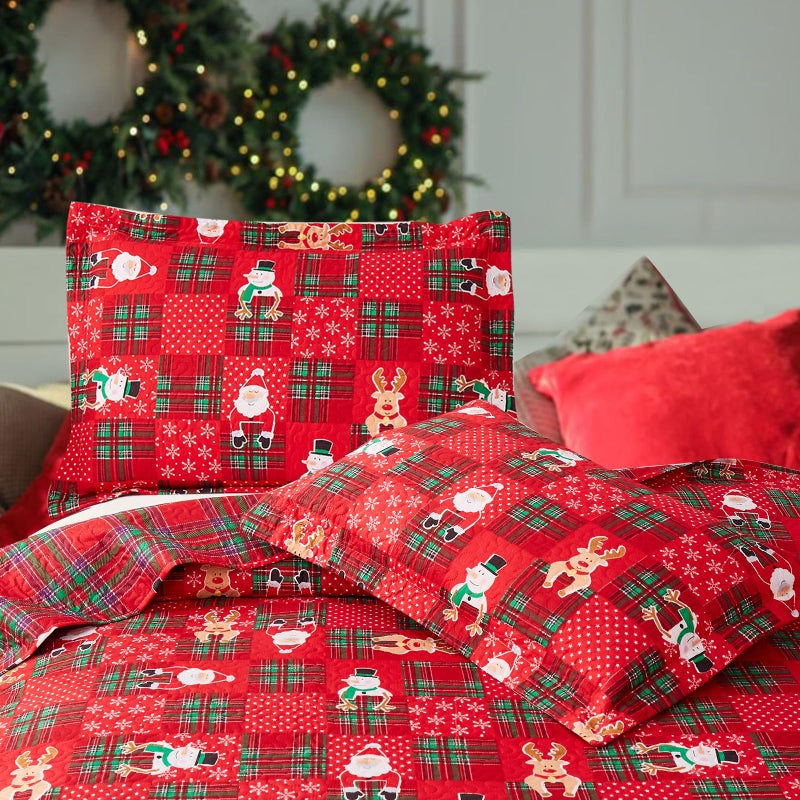 CHESITY Christmas Bedding Set Queen Size Quilts Reversible Xmas Bedspread Snowflake Quilt Red Bedding Breathable Snowmen Reindeer Santa Claus Coverlet Soft Lightweight Christmas Bed Decor(90""x90"") - Image 3