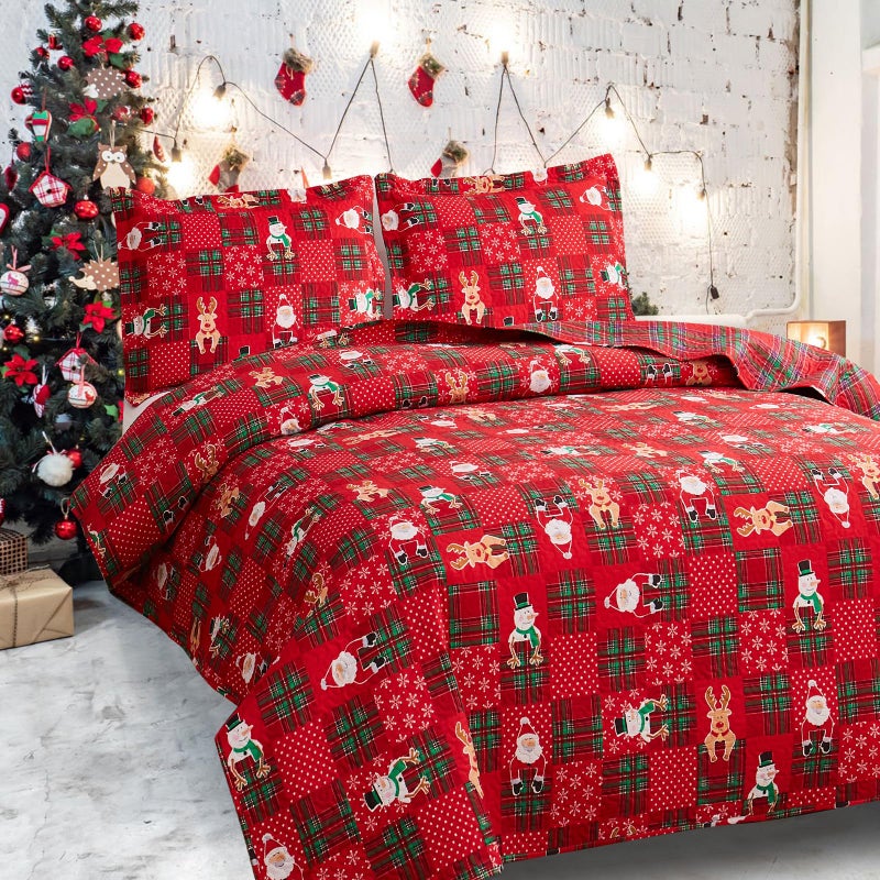 CHESITY Christmas Bedding Set Queen Size Quilts Reversible Xmas Bedspread Snowflake Quilt Red Bedding Breathable Snowmen Reindeer Santa Claus Coverlet Soft Lightweight Christmas Bed Decor(90""x90"") - Image 2