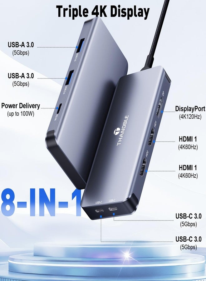 THANDBLE USB C Docking Station Dual Monitor, Laptop Docking Station 3 Monitor, USB C Hub Dual 4K@60Hz HDMI Display with DisplayPort Port, 5Gbps USB-A/C Data Port, 100W PD, for HP/Dell/Lenovo/Laptop - Image 2