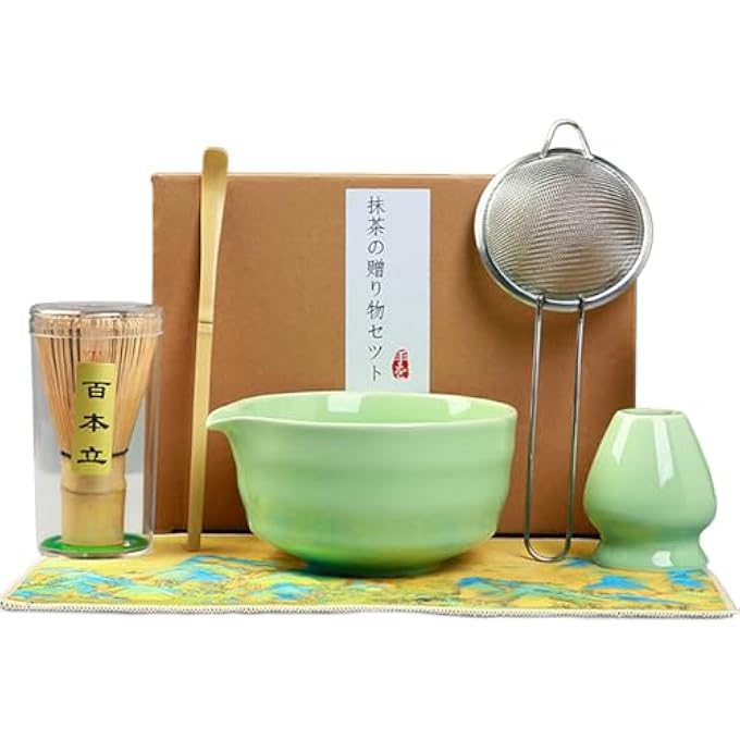Unity Japanese Matcha Tea Set 7Pcs  520Ml Ceramic Matcha Bowl With Spout Bamboo Whisk Chasen Scoop Whisk Holder Sifter  Tea Cloth  Complete Matcha Ceremony Kit Forest Green - Image 2