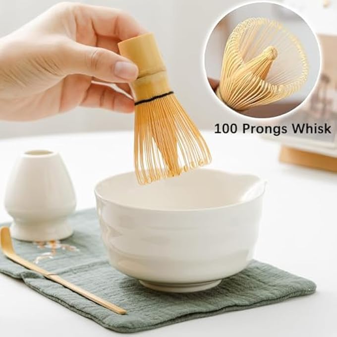 Unity Japanese Matcha Tea Set 7Pcs  520Ml Ceramic Matcha Bowl With Spout Bamboo Whisk Chasen Scoop Whisk Holder Sifter  Tea Cloth  Complete Matcha Ceremony Kit Forest Green - Image 3