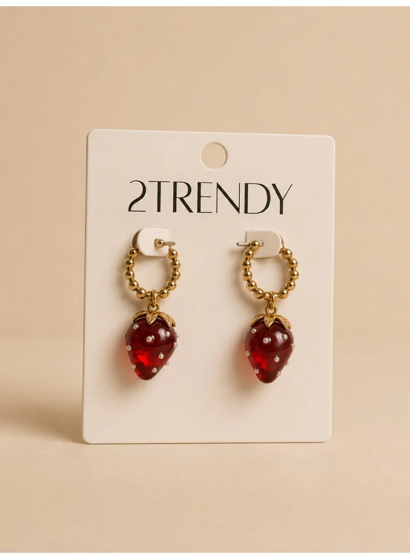 2Trendy Women's Gold-Tone Red Strawberry Charm Drop Earrings with Pearl-Like Details