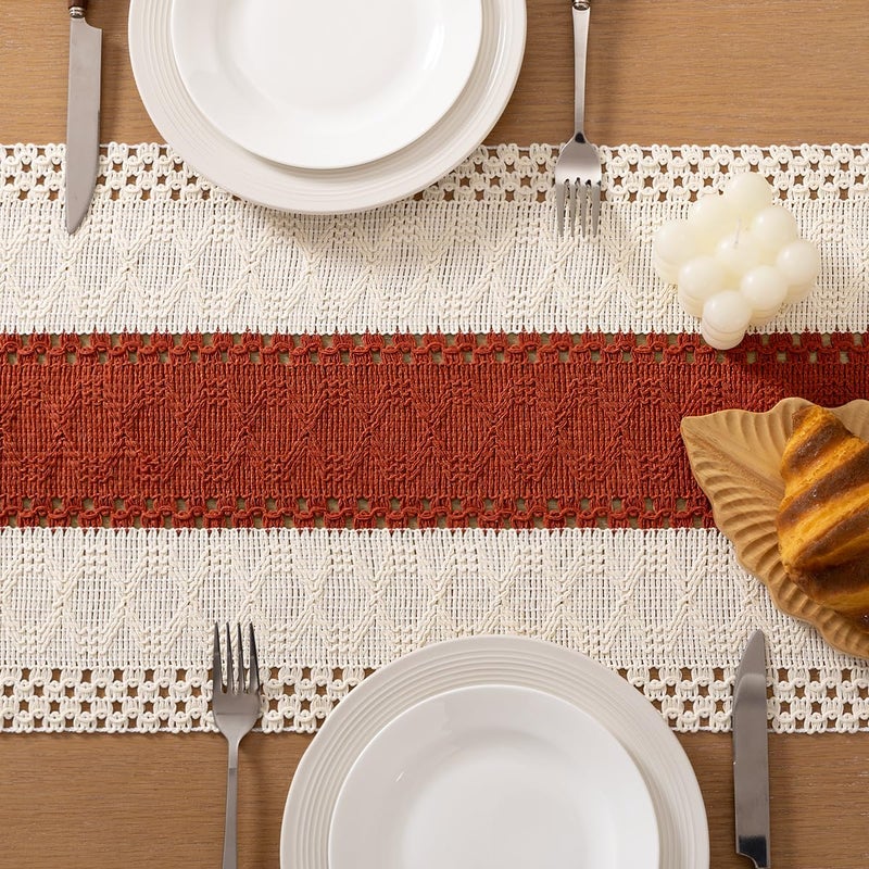 Socomi Boho Table Runner Fall Thanksgiving Farmhouse Rustic Dining Kitchen Small Macrame Woven Cotton Linen Coffee Table Runner For Dresser Scarf Home Decor 12X60 Inch Terracotta Ivory - Image 5