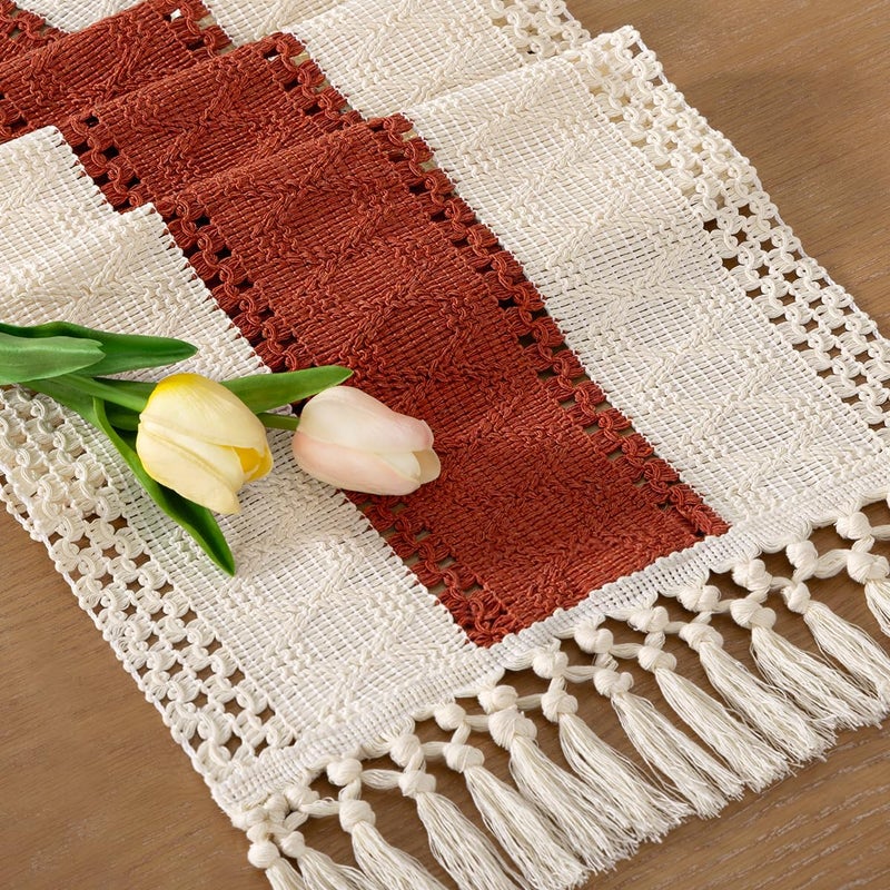 Socomi Boho Table Runner Fall Thanksgiving Farmhouse Rustic Dining Kitchen Small Macrame Woven Cotton Linen Coffee Table Runner For Dresser Scarf Home Decor 12X60 Inch Terracotta Ivory - Image 2