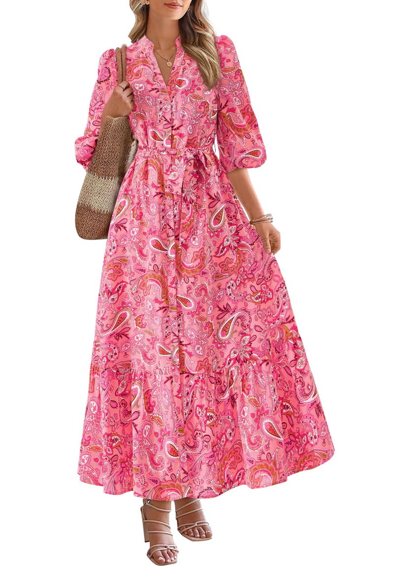 MASCOMODA Womens Floral Maxi Dresses Boho Summer Casual V Neck 3/4 Puff Sleeve Button Down Tie Waist Long Flowy Shirt Dress(Pink Floral,Large) - Image 1