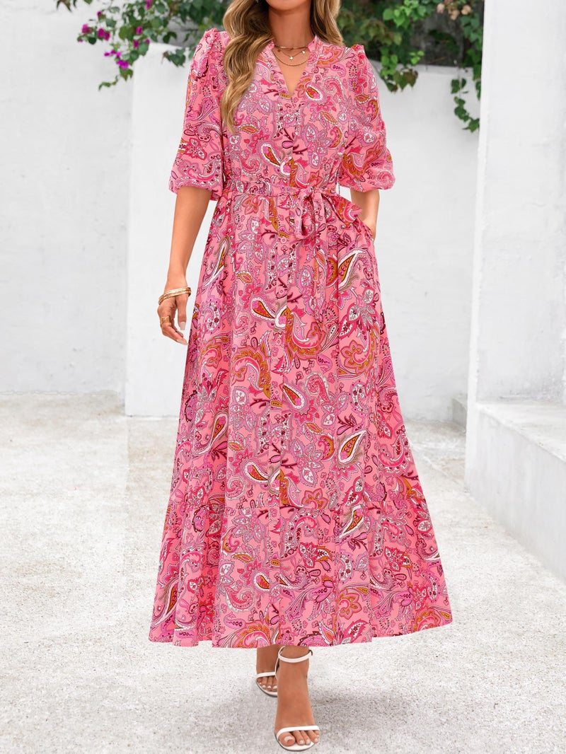 MASCOMODA Womens Floral Maxi Dresses Boho Summer Casual V Neck 3/4 Puff Sleeve Button Down Tie Waist Long Flowy Shirt Dress(Pink Floral,Large) - Image 2