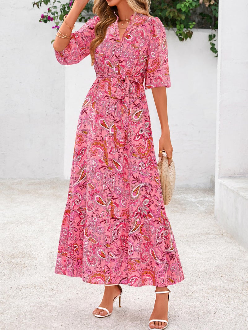 MASCOMODA Womens Floral Maxi Dresses Boho Summer Casual V Neck 3/4 Puff Sleeve Button Down Tie Waist Long Flowy Shirt Dress(Pink Floral,Large) - Image 4