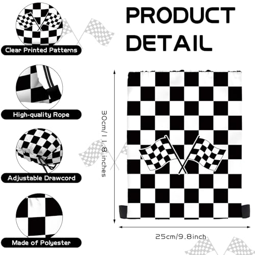 KERINGO 16 PCS Checkered Racing Gift Bags Race Car Party Favors Bag Black and White Drawstring String Bag Backpack Gift Candy Treat Goody Bags for Race Car Themed Birthday Party Supplies - Image 2
