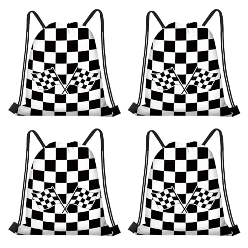 KERINGO 16 PCS Checkered Racing Gift Bags Race Car Party Favors Bag Black and White Drawstring String Bag Backpack Gift Candy Treat Goody Bags for Race Car Themed Birthday Party Supplies - Image 1