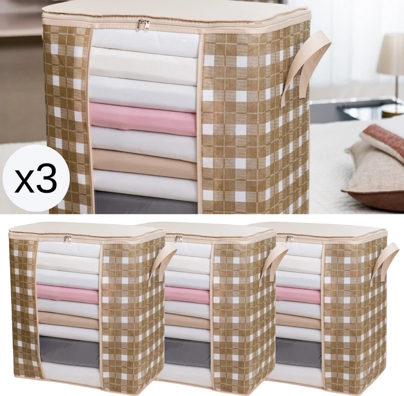 ناكاريف 3 Pieces Medium Size Window Square Patterned Plaid Gray Pillow Quilt Sweater Organizer Storage Bag 45X30X50 cm
