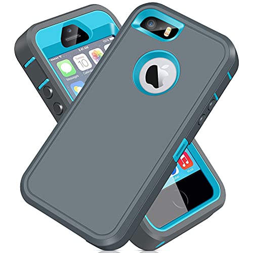 ACAGET for iPhone 5S Case, iPhone SE 2016 Case, iPhone 5 Case Heavy Duty Protective Armor Shock-Absorbing Dual Layer Rubber TPU + PC Cover Non-Slip Bumper Phone Cases for iPhone 5S/SE/5 Grey/Sky Blue - Image 1