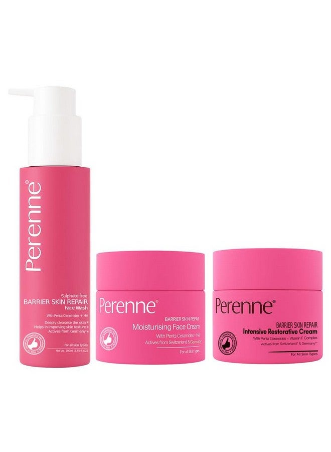 Perenne Sulphate Free Barrier Skin Repair Face Wash, Moisturizing Face Cream & Intensive Restorative Cream | For Normal to dry Skin (100ml x 50g x 50g) - Image 1