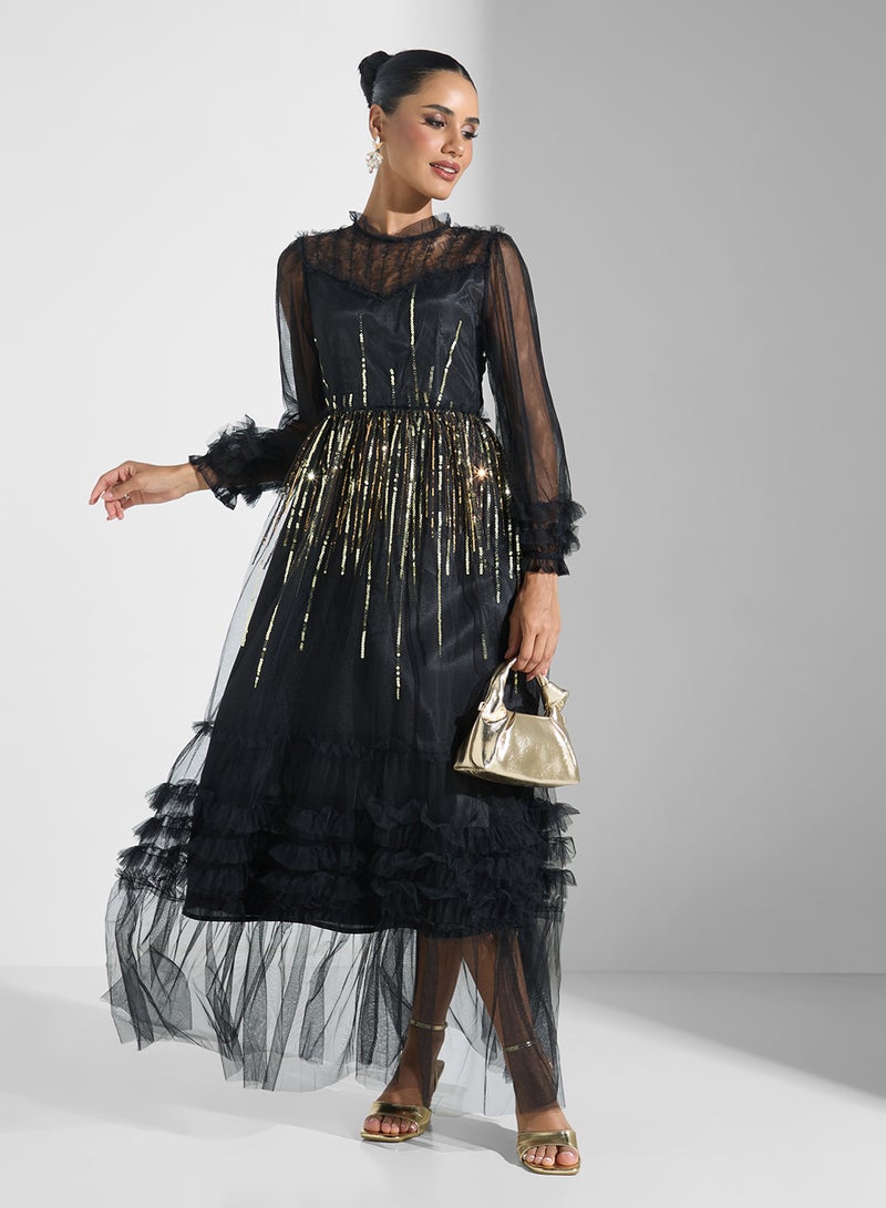 خزانة فستان ماكسي تول مرصع بالترتر - Image 4