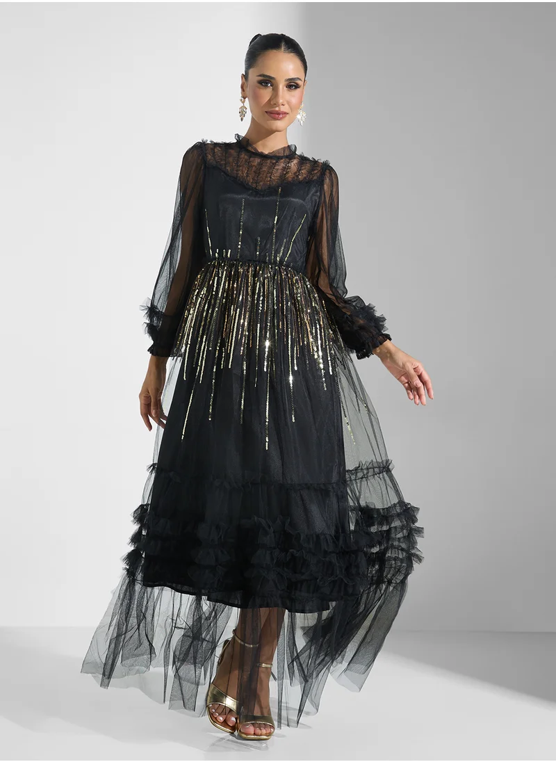 خزانة Embellished Dress With Ruffles