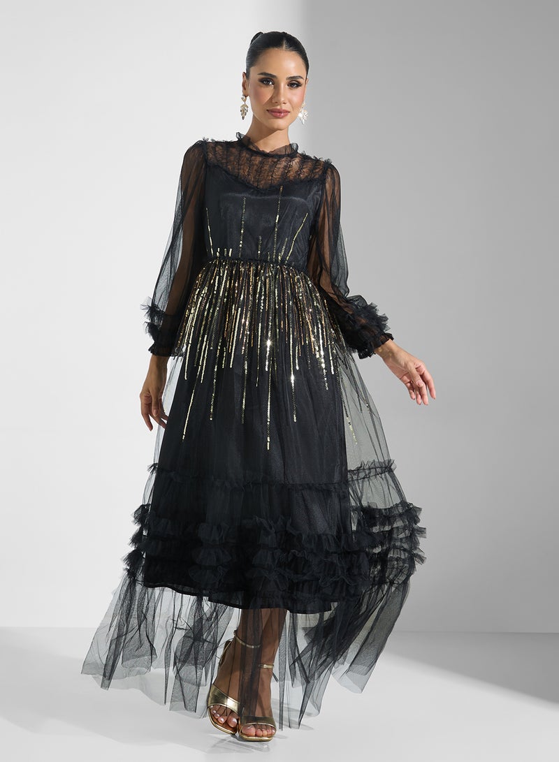 خزانة فستان ماكسي تول مرصع بالترتر - Image 1