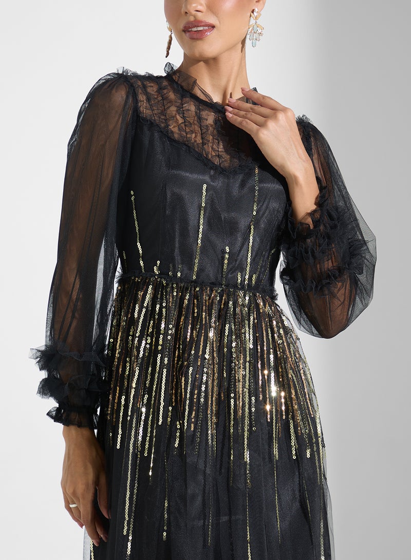 خزانة فستان ماكسي تول مرصع بالترتر - Image 3