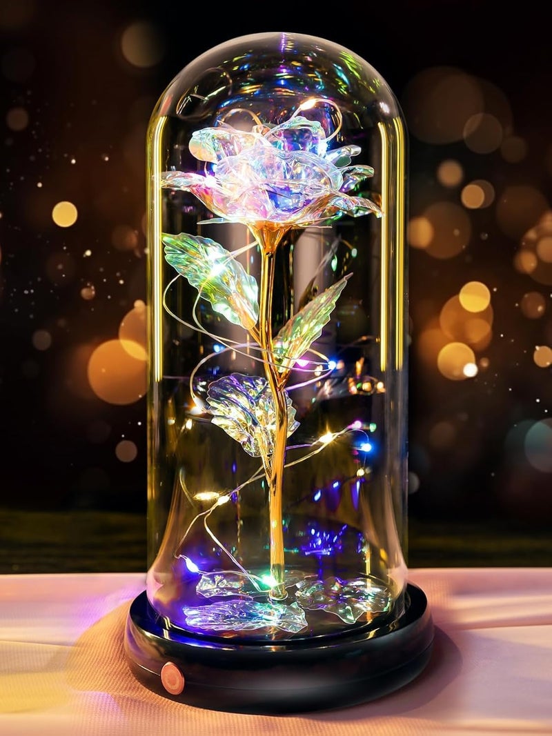 CRAZYABBS Artificial Plastic Rose Galaxy Glass Rose Flower and Butterfly with Led Light Great Gift Ideas for Valentines Mothers Day Birthday AnniversaryPack of 1 Rose Flower Gift with Leaf - Image 1