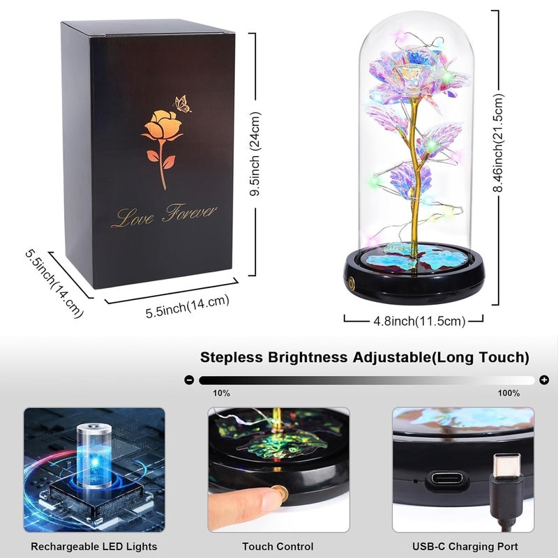 CRAZYABBS Artificial Plastic Rose Galaxy Glass Rose Flower and Butterfly with Led Light Great Gift Ideas for Valentines Mothers Day Birthday AnniversaryPack of 1 Rose Flower Gift with Leaf - Image 2