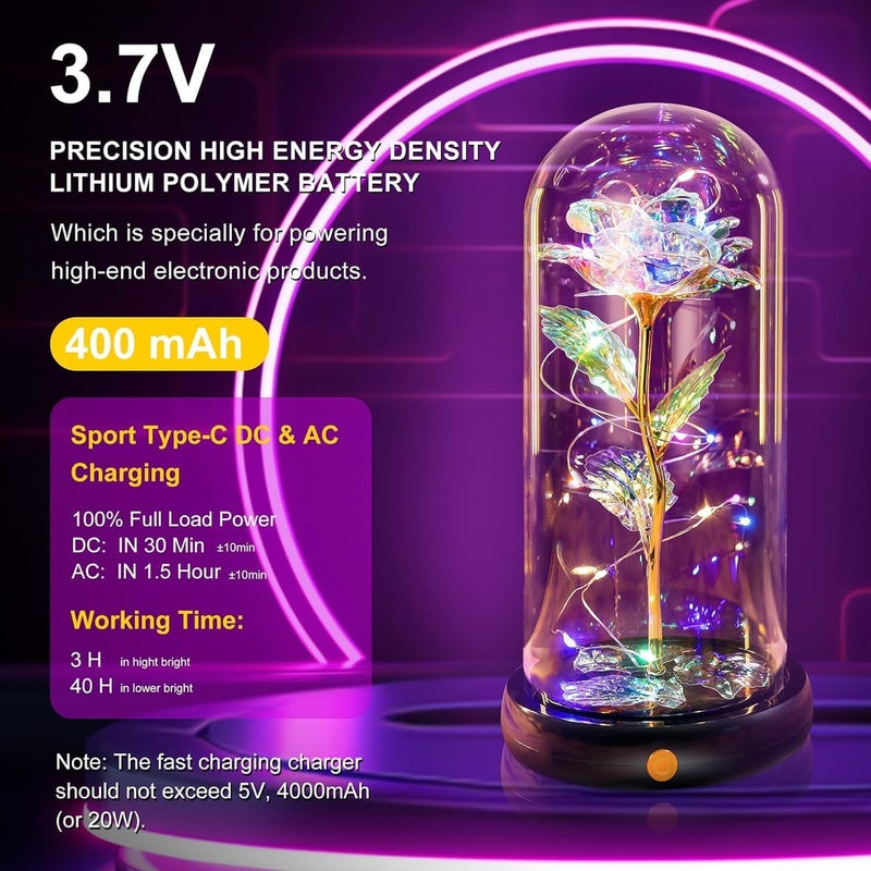 CRAZYABBS Artificial Plastic Rose Galaxy Glass Rose Flower and Butterfly with Led Light Great Gift Ideas for Valentines Mothers Day Birthday AnniversaryPack of 1 Rose Flower Gift with Leaf - Image 3